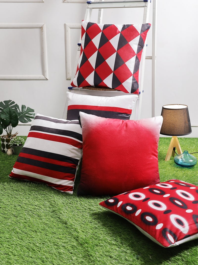 Geometric Printed Velvet Cushion Covers Set of 5 - Red & White